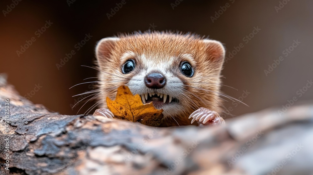 Aufkleber close up shot of a brown slender mongoose eating a orange leaf while it's standing on a brown wood l