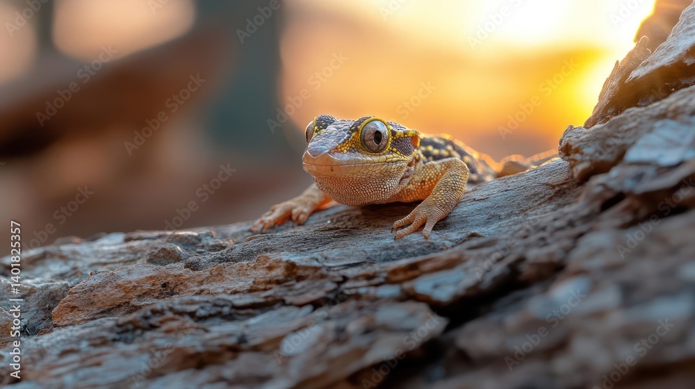 Aufkleber Close-up of a small frog with yellow and brown patterns sitting on a textured log against a blurred golden sunset background. The frog is the focal point, highlighted by the warm light enhancing its
