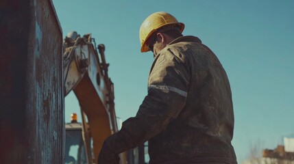 Fototapeta premium Construction worker operating an excavator at a site. Featuring control and precision