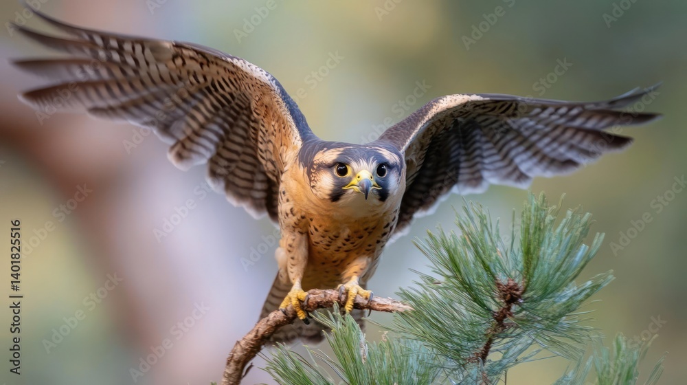 Poster dramatic portrait of a peregrine falcon perched on a pine branch, wings spread and illuminated by so