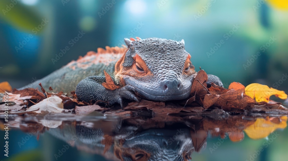 Aufkleber Captivating close up shot of a spiny lizard, its speckled skin reflecting in a still pool surrounded by colorful autumn leaves. The shallow depth of field and soft lighting enhance the reptile's