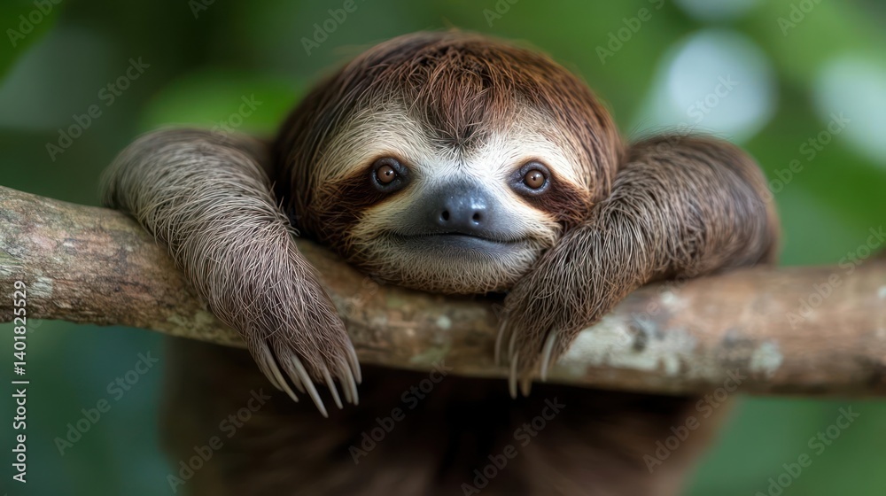 Poster close-up shot of a brown sloth perched on a tree branch, resting its head on its paws. the backgroun
