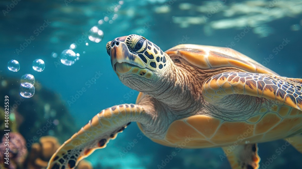 Aufkleber a close-up, low-angle shot of a sea turtle swimming underwater. the turtle has a patterned shell wit
