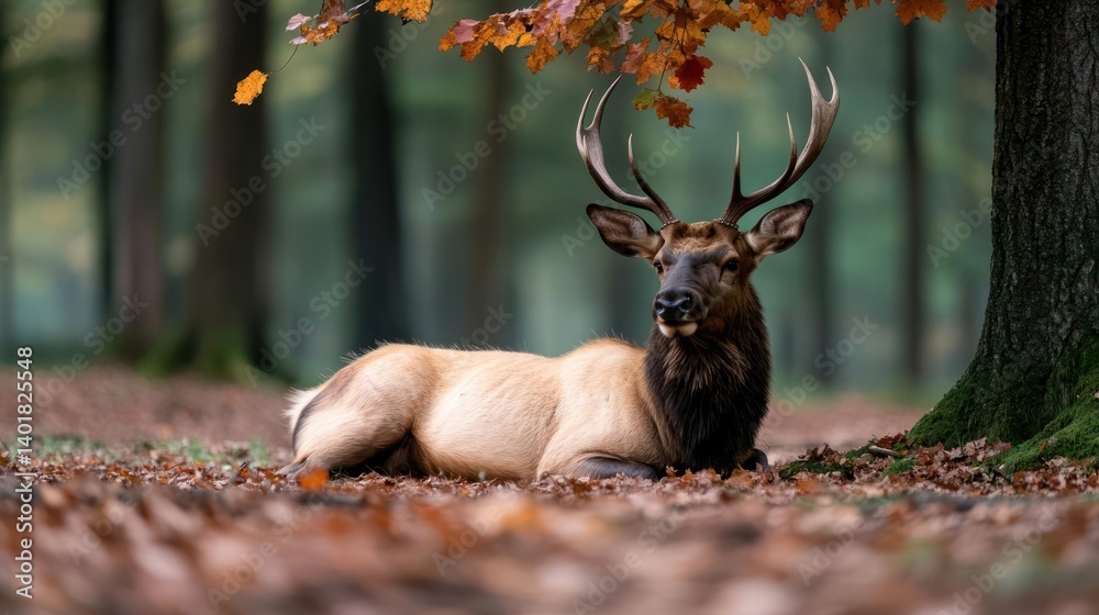 Aufkleber a majestic elk rests comfortably at the base of a tree, surrounded by a carpet of fallen autumn leav
