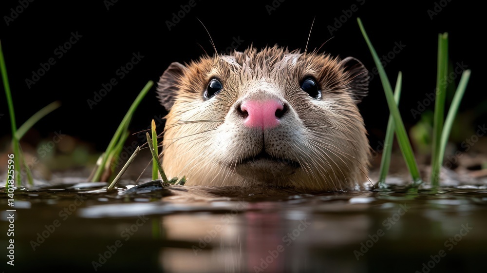 Aufkleber close up eye-level shot of an otter emerging from the water with a pink nose and surrounded by green