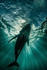Humpback whale from below in the ocean