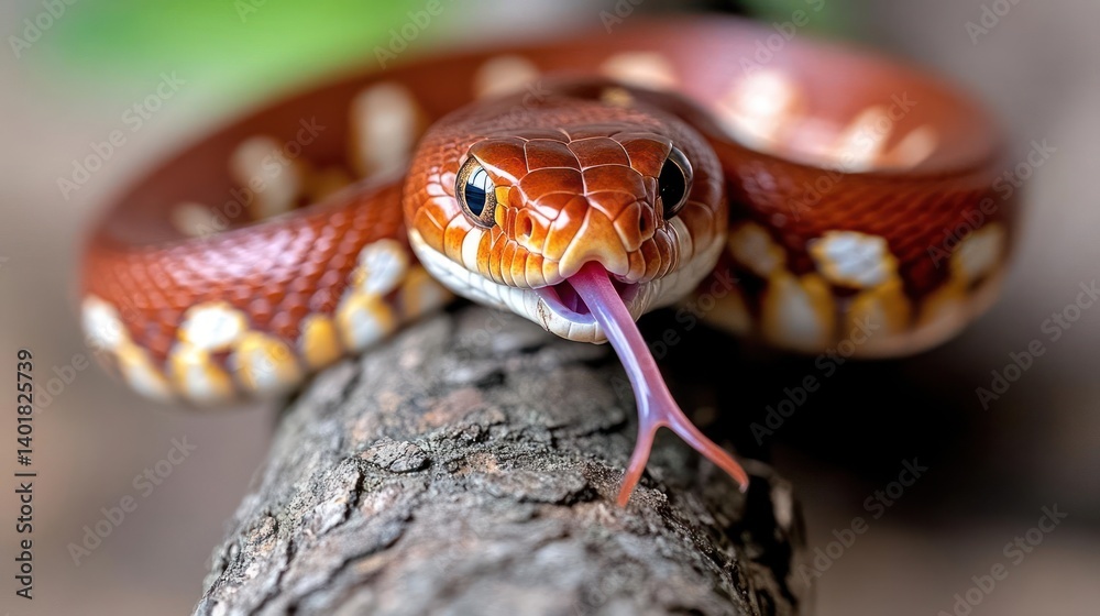 Leinwandbilder a vibrant close up shot of a red corn snake on a textured branch, showcasing its detailed scales and