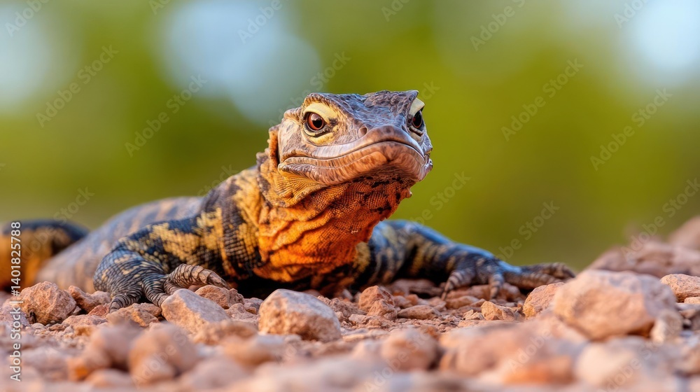 Poster close-up portrait of a lizard with vibrant orange and black markings resting on small rocks with blu