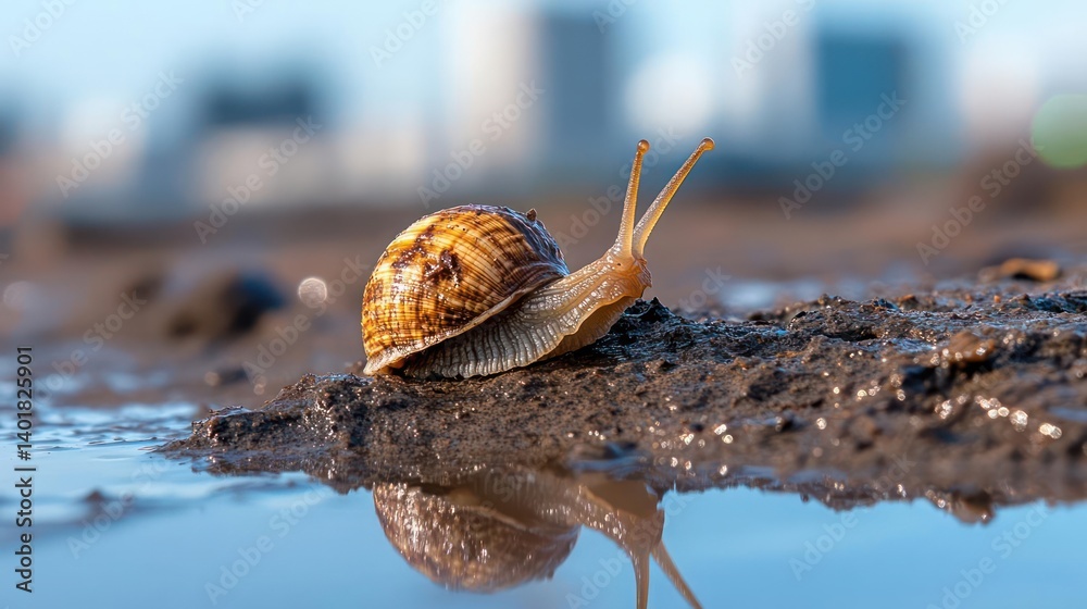 Aufkleber close-up of a snail crawling on mud next to a puddle, reflecting the snail. the background is blurre