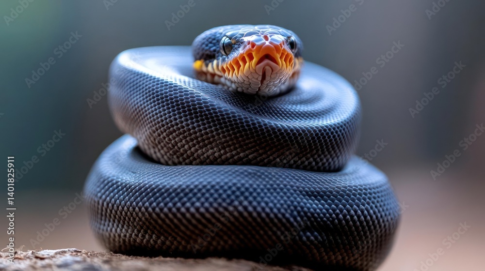 Poster Close-up shot of a coiled iridescent snake with a distinctive yellow and orange pattern around its face, set against a blurred natural background. The snake's scales exhibit a textured pattern, and