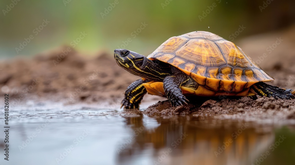 Poster Close up view of a turtle with an orange and black shell walking on the muddy bank of a pool, with reflections in the water. The background is blurred, showcasing the turtle as the central focus of