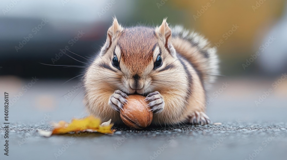 Poster Close-up of a cute chipmunk eating a nut. The chipmunk is positioned in the center, holding the nut with its paws. Soft bokeh background, creating a shallow depth of field that emphasizes the