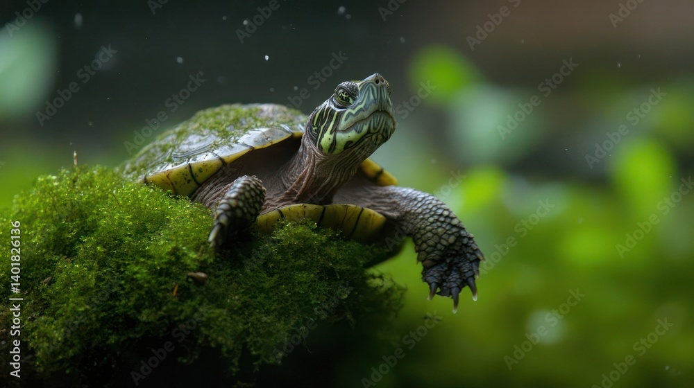 Poster Close-up showcasing a turtle perched on vibrant green moss, set against a bokeh green background. The reptile's textured shell and detailed features are highlighted in natural light, creating a focus