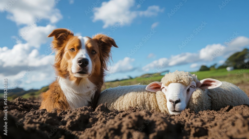 Poster a medium shot depicts a brown and white dog alongside a sheep, both partially submerged in brown soi