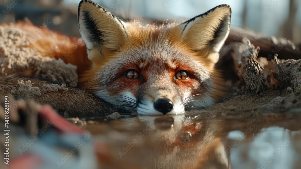 Poster a striking close-up shows a red fox partially submerged in water, its reflection visible, with sand 