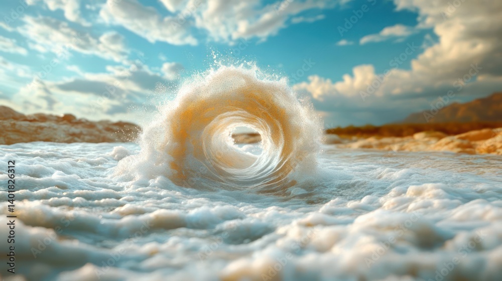 Poster a circular formation of water stands in the center of a river, with shores and mountains visible in 