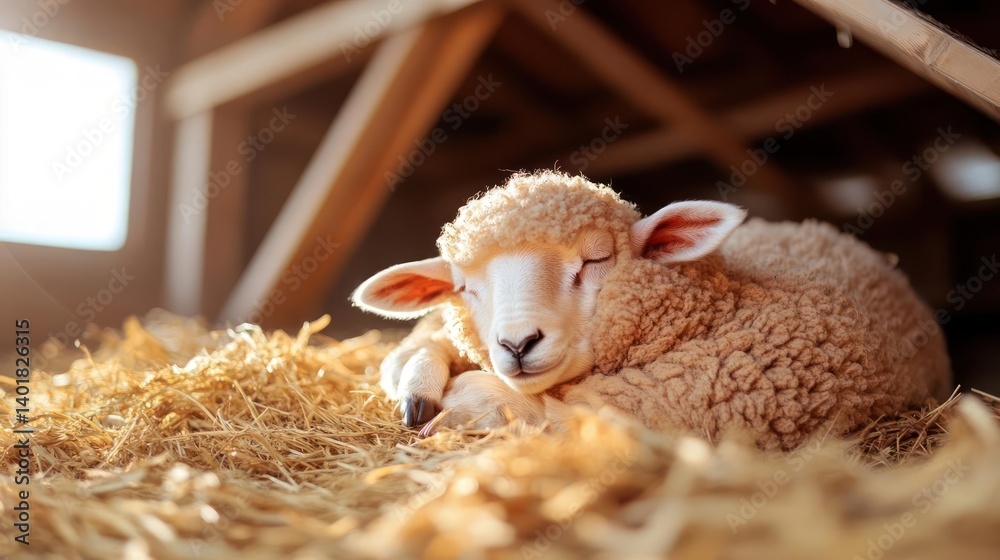 Poster Close up portrait of a curled up, sleeping lamb on hay inside of a wooden structured barn. Warm colors and a shallow depth of field is used to emphasize subject