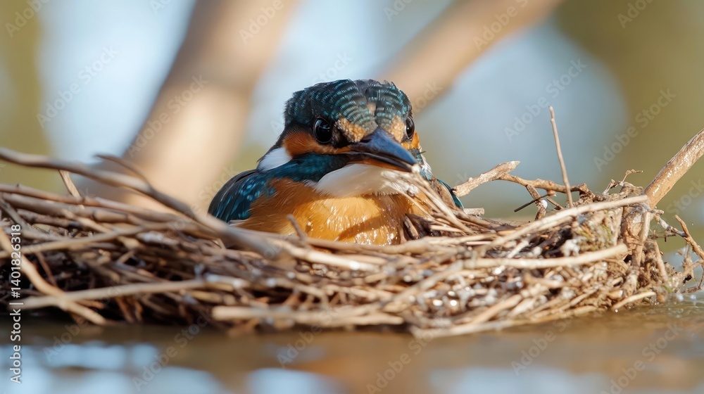 Poster close-up shot of a wet, colorful kingfisher bird perched in a nest made of twigs and branches, set a