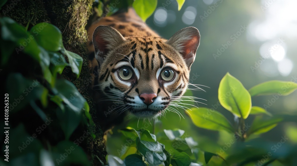 Poster a close-up shot of an ocelot peering out from a tree filled with green leaves, with soft lighting en