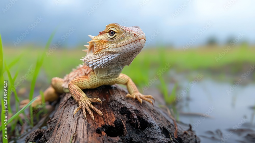 Poster close-up of a brown lizard sitting on a log in a grassy field with water. the lizard has a spiky bac