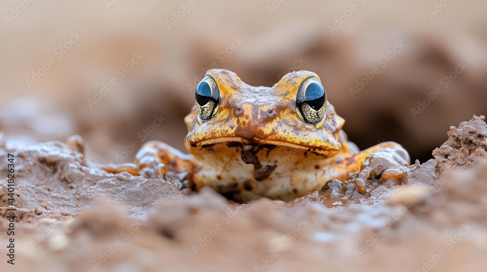 Aufkleber macro shot of a frog emerging from a burrow in reddish brown soil, with a focused, shallow depth of 
