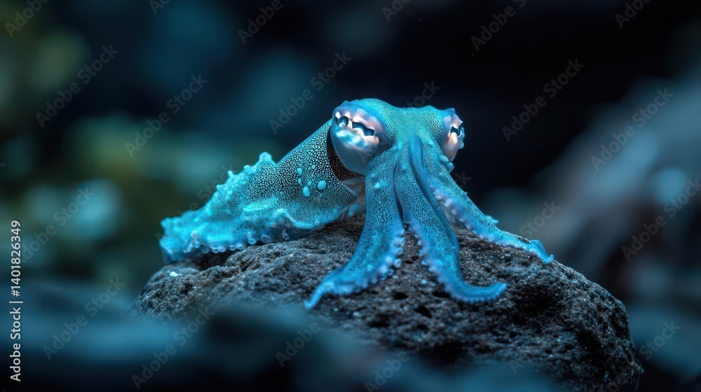 Aufkleber underwater close-up shot of a bright blue cuttlefish perched on a textured gray rock, set against a 