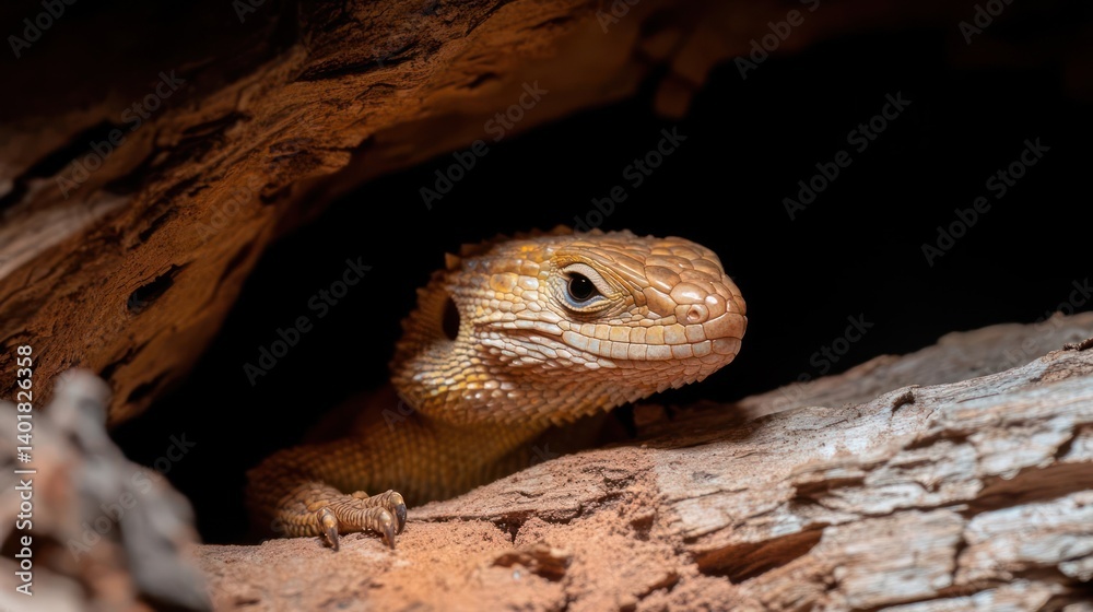 Poster close up shot of a knob tailed gecko peeking out from a hollow log, scales visible and eyes forward.