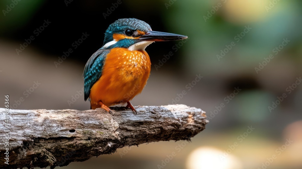 Poster captured in a shallow depth of field, a vibrant orange and blue kingfisher perches on a weathered br