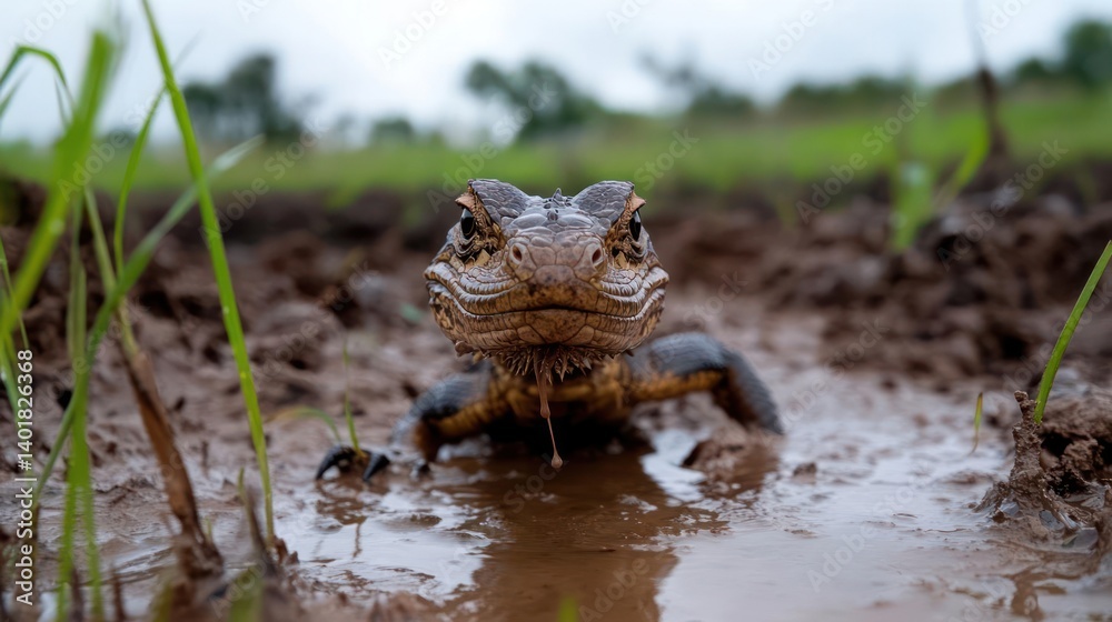 Aufkleber A striking close-up captures a mud-covered alligator in a shallow pool with the green grass in the backdrop. It is a day scene with an overcast sky, highlighting the textures of the alligator and the