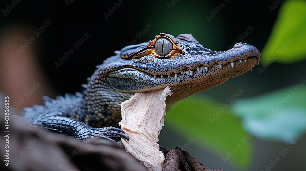 Poster a close-up captures a juvenile alligator against a vibrant green and dark backdrop, perched on a bra