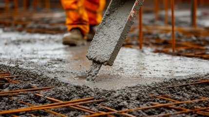 Fototapeta premium Construction worker pouring concrete into a mold. Featuring focus and detail