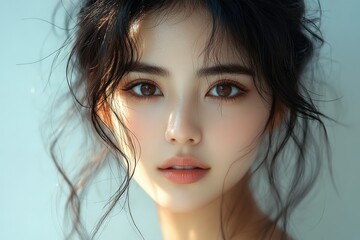 Fototapeta premium Attractive woman with loose hair, light makeup, brown eyes, soft lighting
