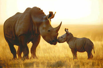Obraz premium Tender moment between a mother white rhinoceros and her calf at sunset in the African savanna. A beautiful display of maternal affection in the wild.