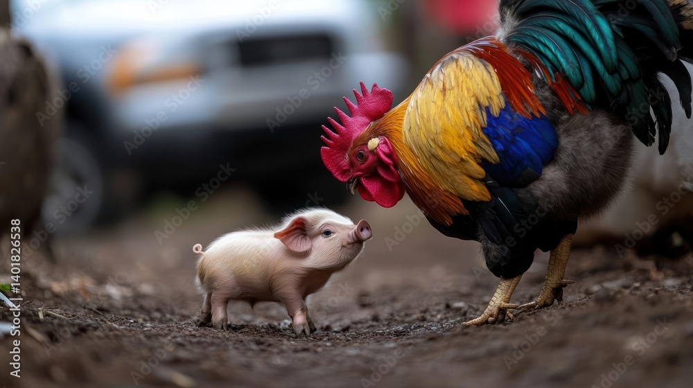 Poster A charming image featuring a tiny pink piglet curiously gazing at a vibrant rooster in a farm setting. The rooster displays a spectrum of colors, while the background shows a blurry car, adding depth