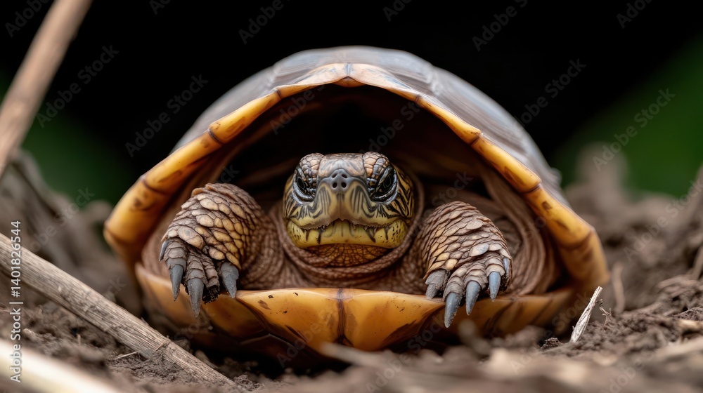 Poster a striking close-up reveals a brown box turtle nestled on dark soil. the turtle's weathered shell co
