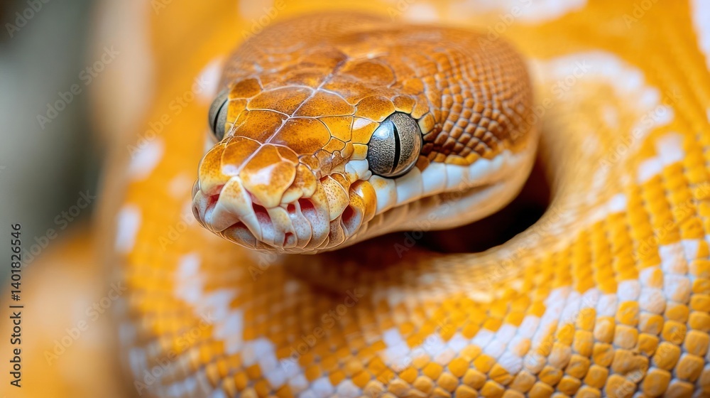 Poster Close up portrait showcases a coiled yellow python featuring intricate white markings on its scales. The snake's detailed head is captured with precise focus, complemented by a blurred background