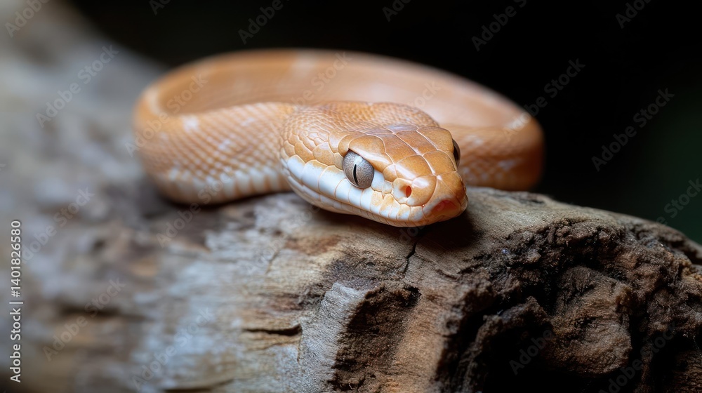 Poster close-up of a tan snake with white and light brown markings, resting on a weathered log against a da
