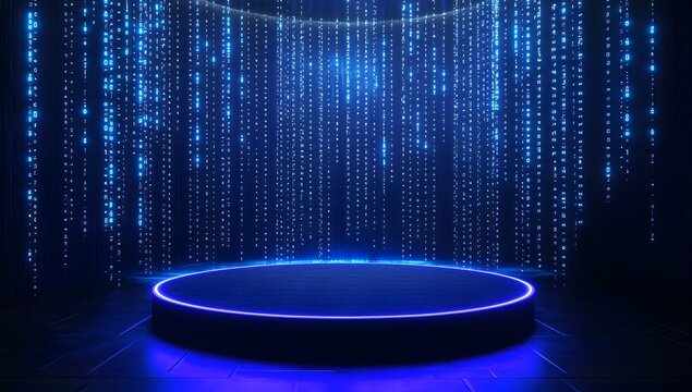 A futuristic digital background with an illuminated circular platform, surrounded by glowing blue light streaks and binary code symbols, 