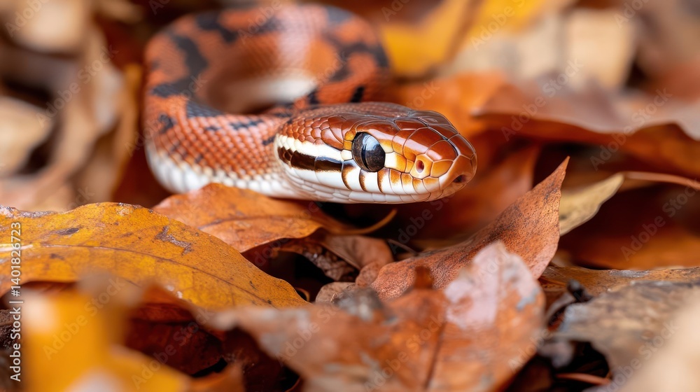 Poster close-up of a red-colored snake, coiled amongst a pile of dry, brown leaves, features the snake's gl