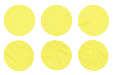 Set collection of yellow crumpled round adhesive paper sticker label isolated on white background