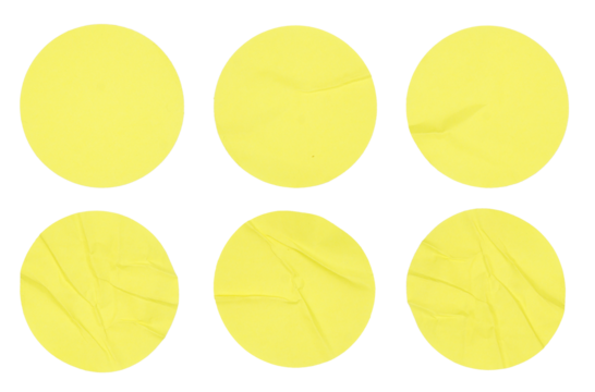 Set collection of yellow crumpled round adhesive paper sticker label isolated on white background