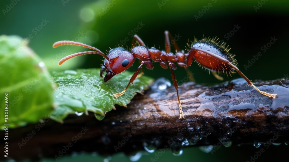 Poster Detailed macro shot of a red ant on a wet branch with water droplets, green leaf backdrop, highlighting the intricate details of the insect's anatomy in a natural, close-up setting. Focus on texture