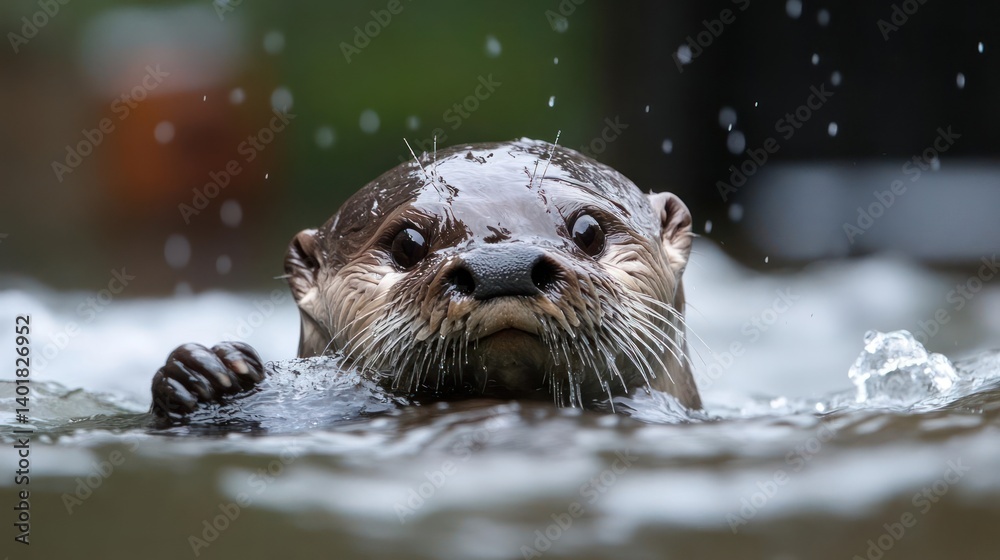 Aufkleber close-up shot of an otter swimming in the water, looking directly at the camera. the otter's fur is 