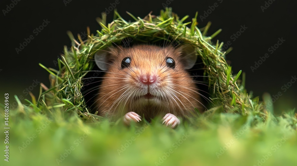 Poster a close-up shot of a brown field mouse nestled in a cozy grass burrow, looking directly at the camer