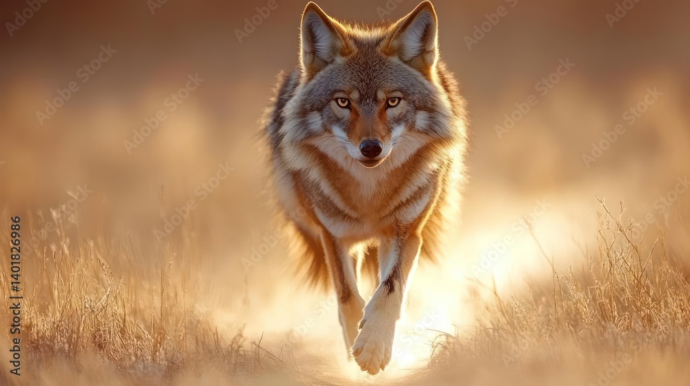 Poster a coyote runs toward the camera in a grassy field. the coyote has gray and tan fur. the background i