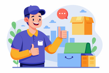 Customer receiving a product box and giving thumbs up
