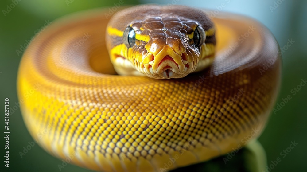 Poster a close-up shot showcases a coiled snake with striking yellow and brown coloration. the reptile's he