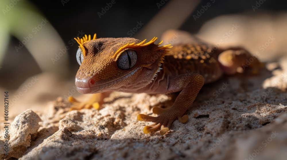 Poster a close-up shot captures a crested gecko with orange hue scales with a head adorned with distinctive