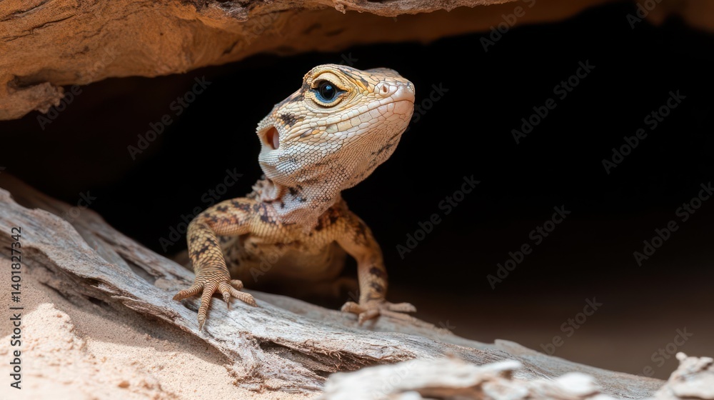 Poster close-up shot of a yellow-brownish lizard peering out from a cave. the lizard is in focus, with a sl