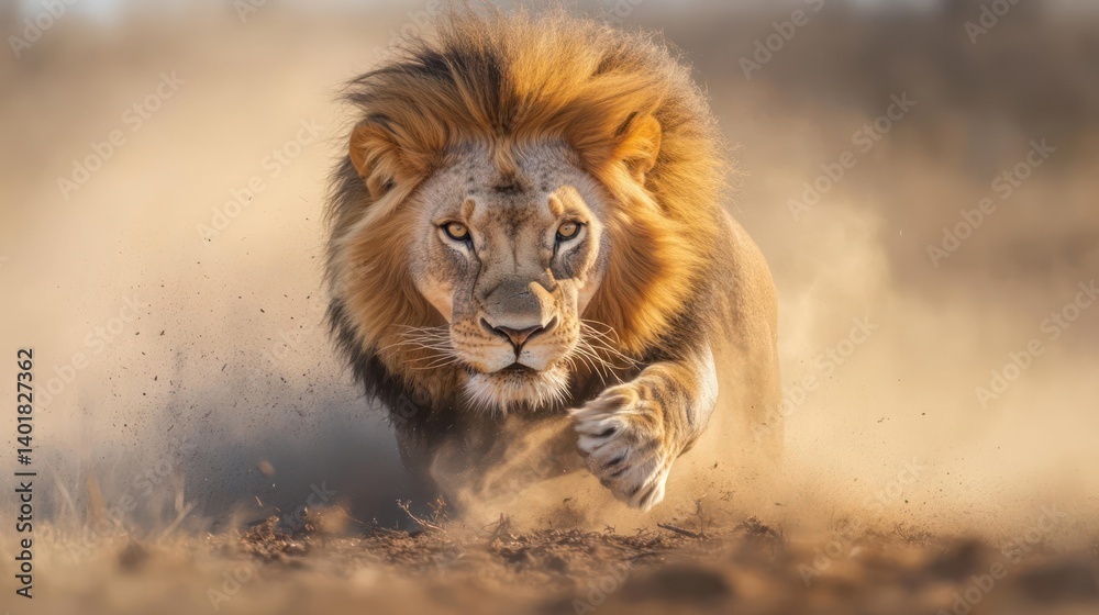 Poster powerful lion strides through a dusty landscape, front and center. its golden mane, sharp claws, and